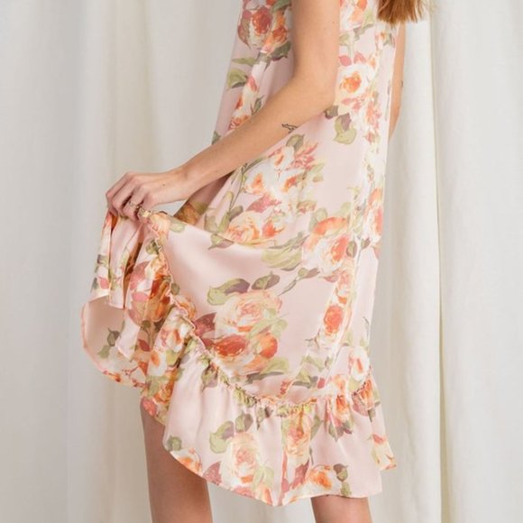 Easel Peach Satin Floral Print Hi Low Cami Dress - Picture 4 of 5